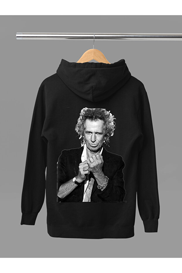 Keith Richards Printed Cotton Long Sleeve 3-Yarn Hooded Rock Sweatshirt