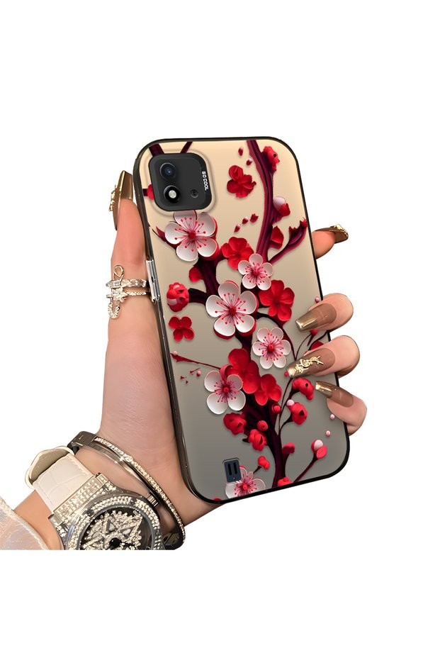 Realme C20 Compatible Silicone Edge Hard Back Case Couple Phone Case with Floral Pattern