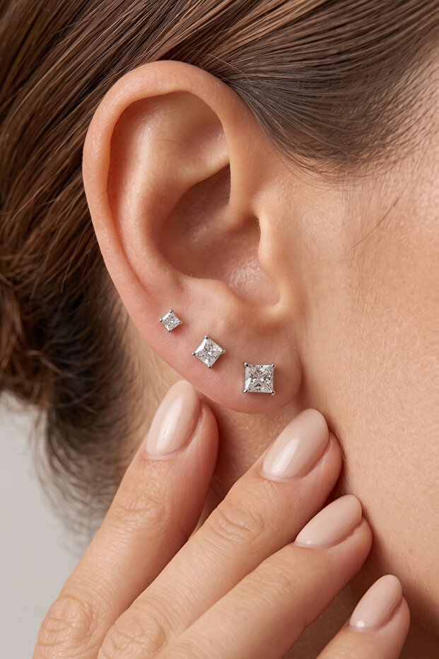 Square Model Zircon Stone 3-Piece Earring Set