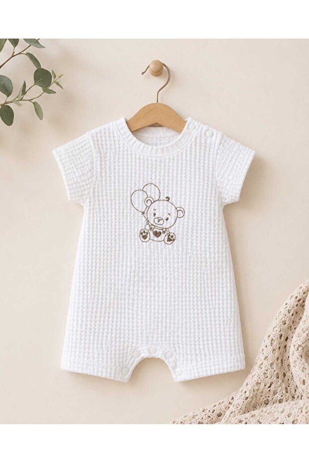 Waffle Textured Cotton Embroidered Short Sleeve Summer Baby Romper