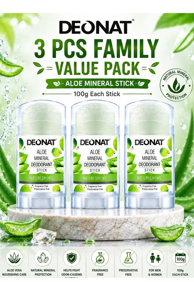 Aloe Mineral Deodorant Stick 100g Pack of 3 Pure Crystal Alum with Aloe Vera Extract Hydrating Soothing Chemical Free Fragrance Free Preservative Free Long Lasting Odor Protection Men Women