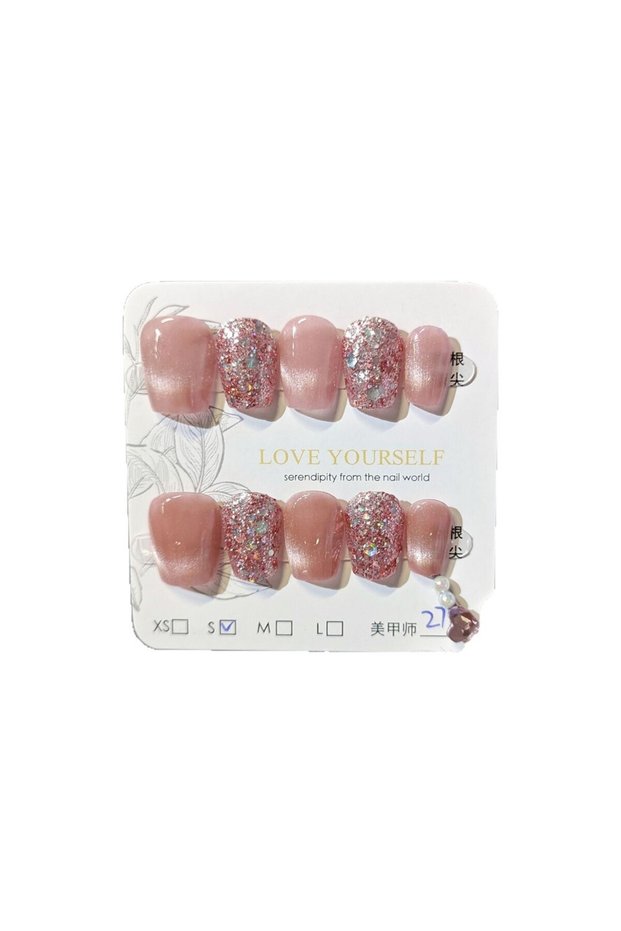 SP233-S 10 PCS Phototherapy Handmade Cat Eye Human Peach Pink Cat Powder Flashing White Fake Nails