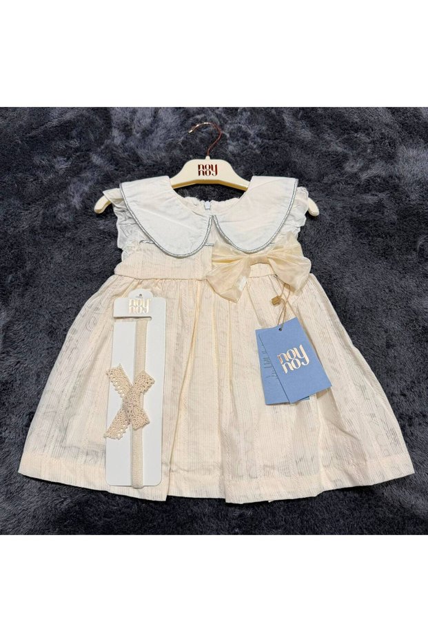 Girl's Bowknot Dress and Headband - 100% Natural Cotton - Ecru