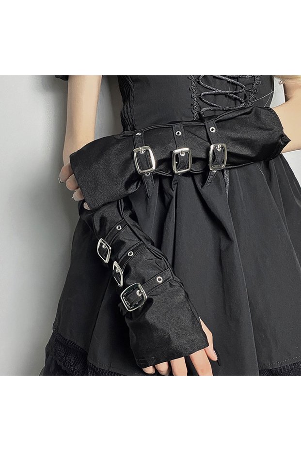 One Size Black Black Half-Finger Gloves Punk Metal Buckle With Exposed Finger Women Party Button Sle
