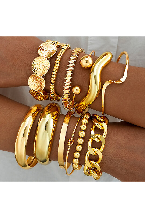 AYA6653901 12Pcs Gold Color Stackable Bracelet Set For Women Fashion Chunky Bangle Set Trendy Open C