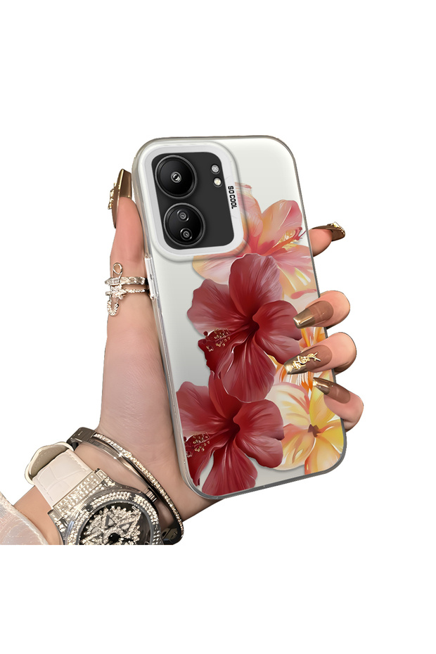 Poco C65 Compatible Silicone Edge Hard Back Case Couple Phone Case with Floral Pattern