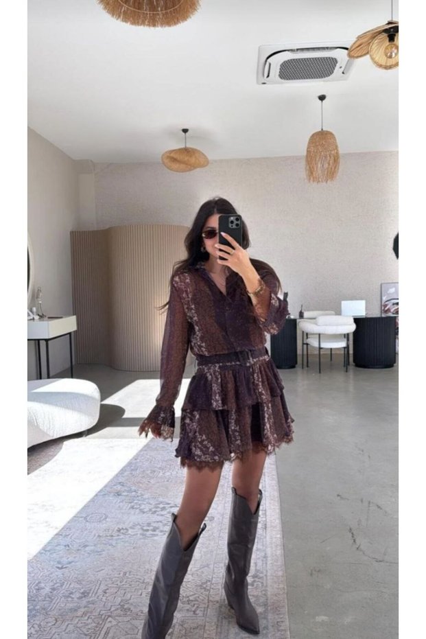 Lace Detailed Printed Chiffon Dress