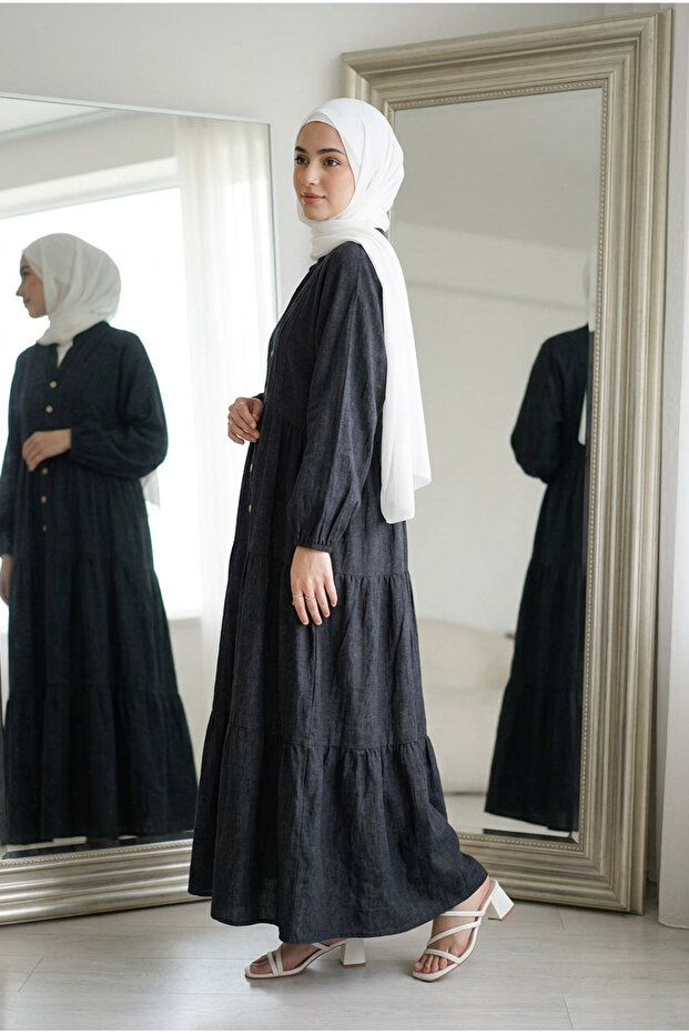 Women's Layered Front Buttoned Loose Fit Islamic Dress