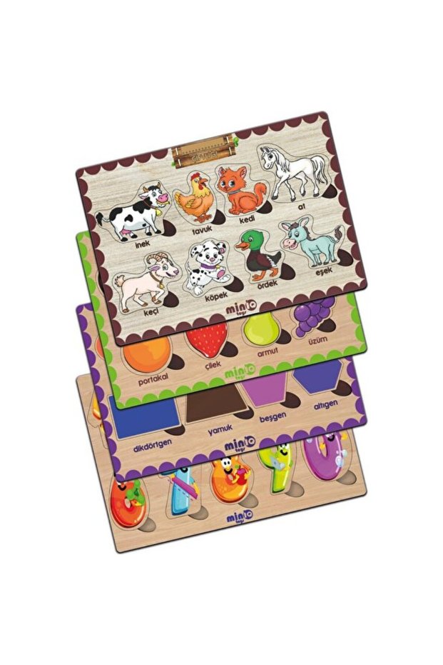 Wooden Turkish Farm Animals, Fruits, Shapes and Numbers Set of 4