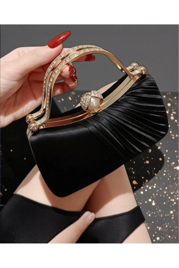 Black Satin Sequined Evening Dress Bag with Zircon Stones