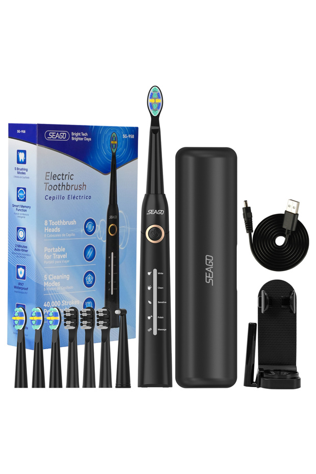 SG-958F-Black Seago Electric Toothbrush for Adults 5 Modes Smart Timer Waterproof with 8 Toothbrush