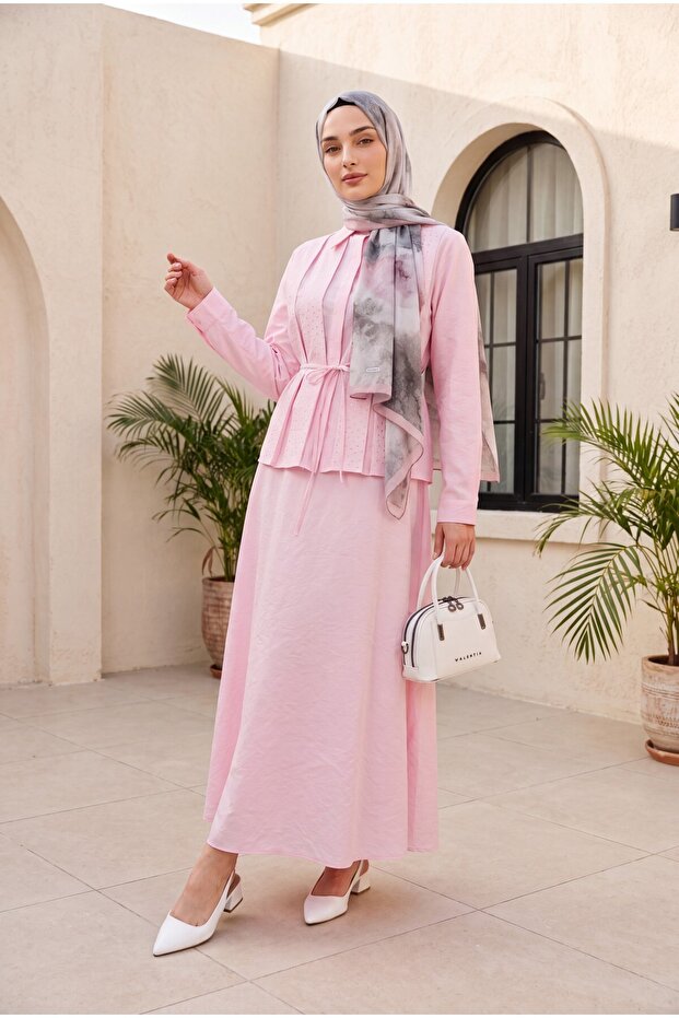 Stone Detailed Belted Skirt with Lining Polyviscon Set - Powder