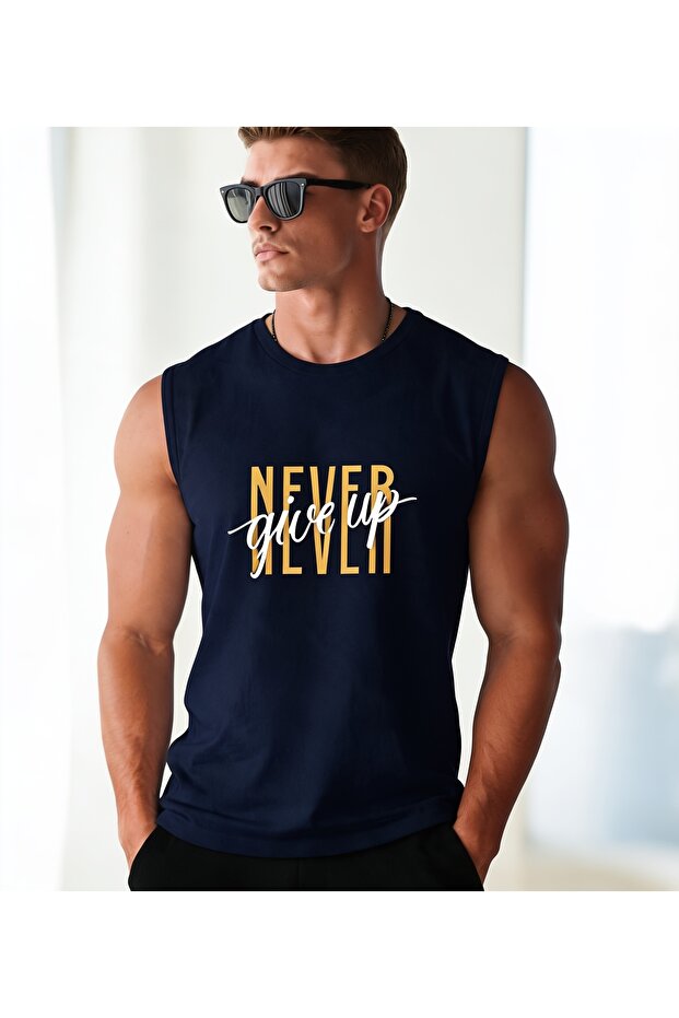 Men's Never Give up Written Zero Sleeve Round Neck Navy Blue Sports T-Shirt/Tshirt