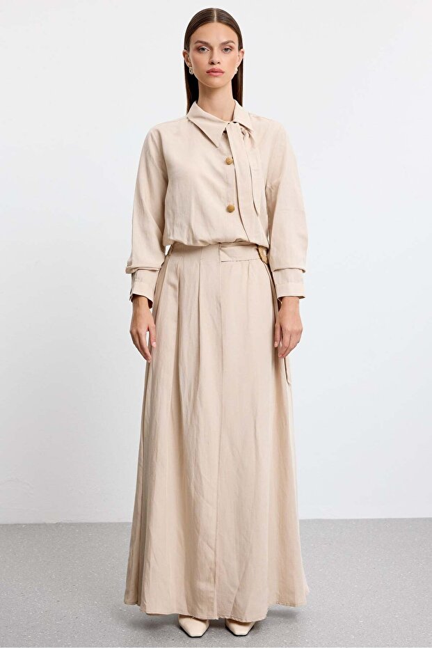 Linen Set with Straw Accessory Detail on Blouse and Pleated Skirt Beige