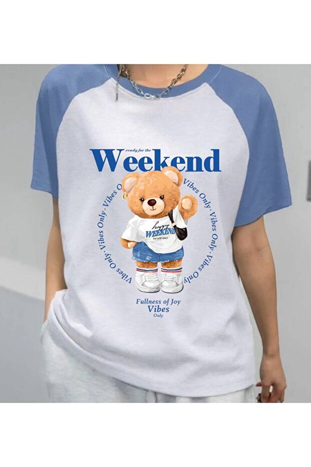 تي شيرت بأكمام راجلان باللون الأزرق مطبوع من Weekend
