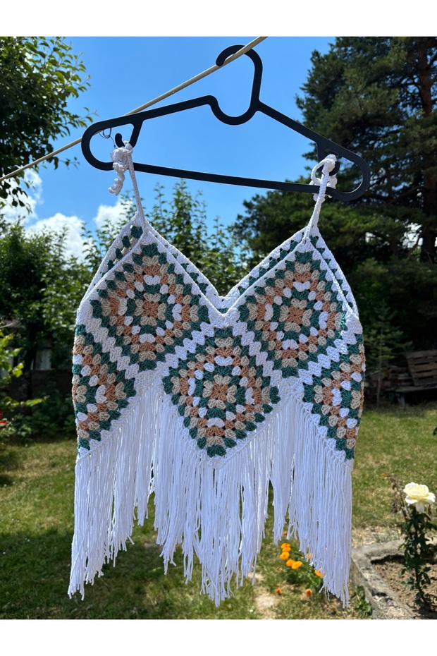 Hand Knitted Tasseled Bohemian Crop Top – Green Beige White Motif Tie-Up Summer Bustier
