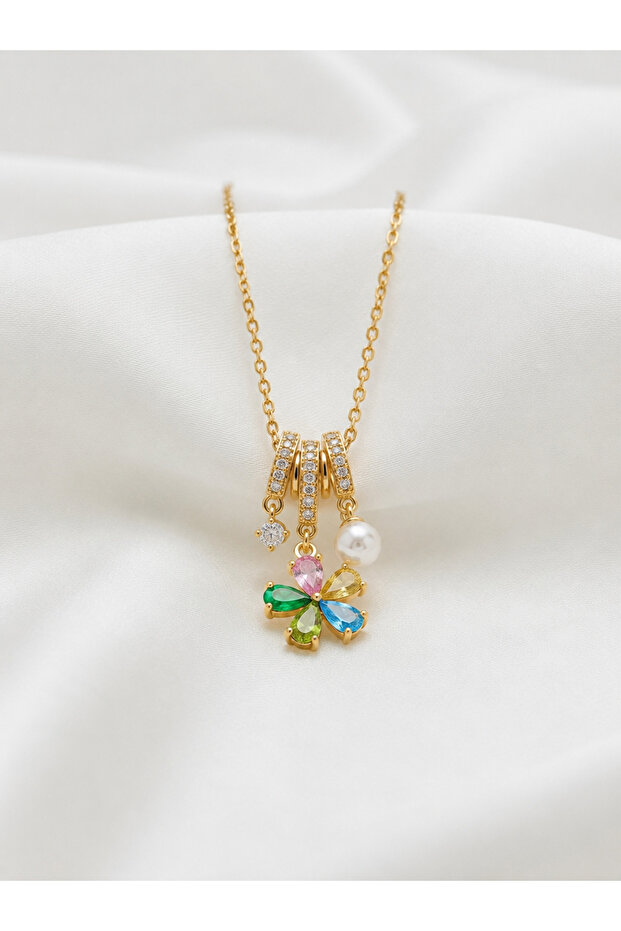 Women's Steel Pearl and Daisy Charm Necklace