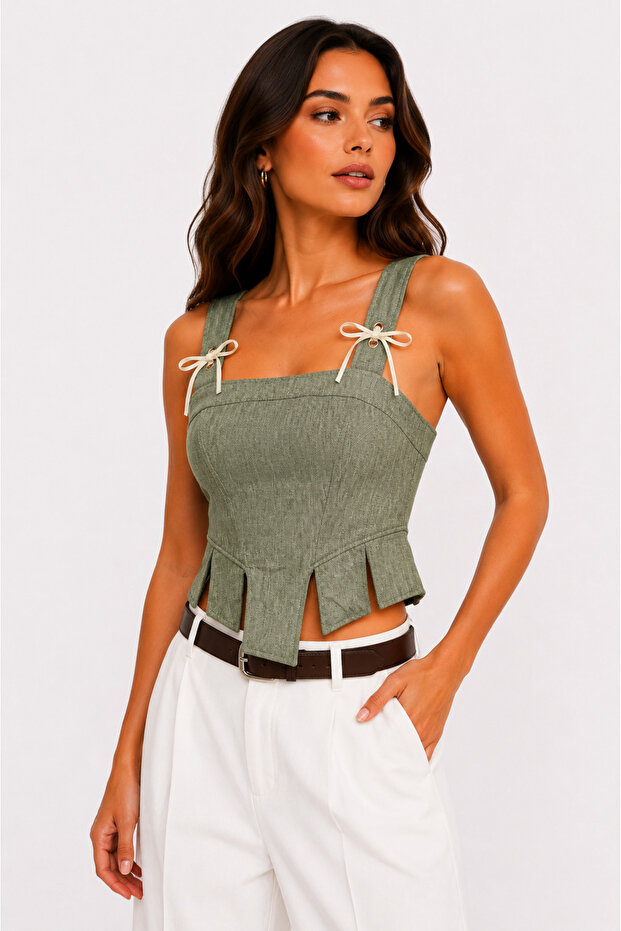 Crop Bustier Blouse with Strap Tie Detail