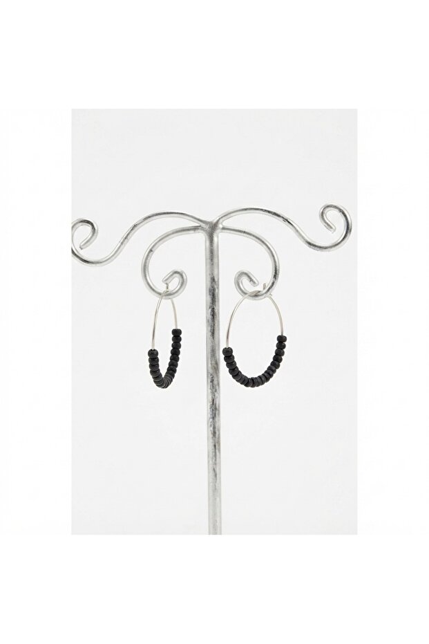 Handmade Black Sand Beaded Hoop Earrings | Minimal, Lightweight, and Suitable for Daily Use