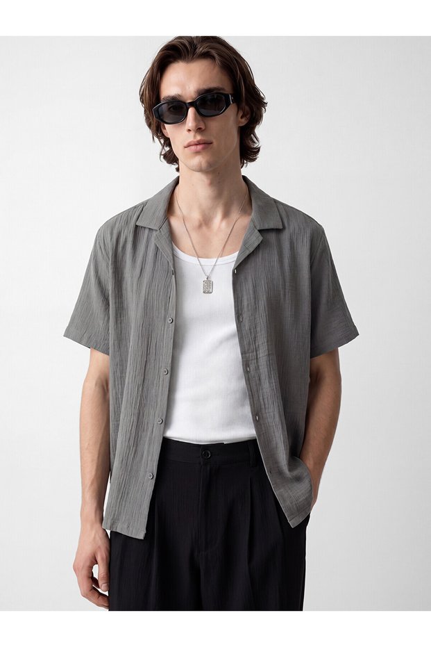 Xside Gray Loose Fit Resort Collar Muslin Men's Shirt