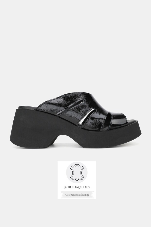Women's Black Patent Leather Genuine Leather Platform Heel Daily Slippers Size 36-41