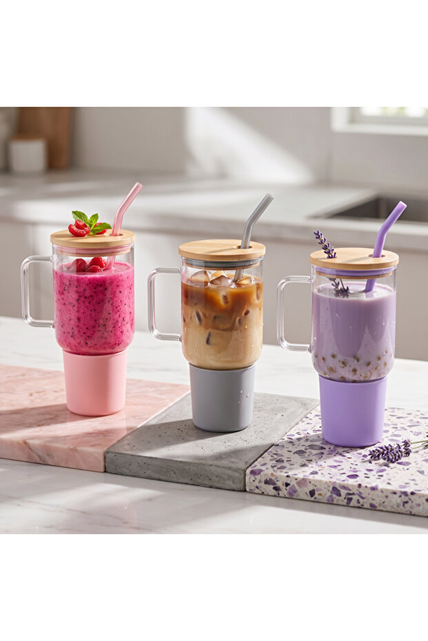 1000 ml Glass Flask Mug - Bamboo Lid - Silicone Cover - Steel Straw