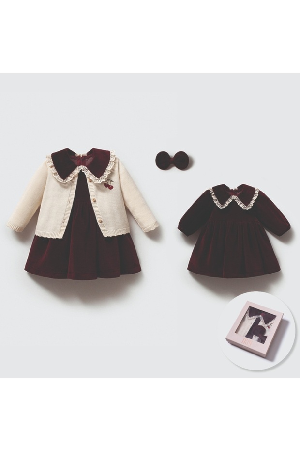 Baby Girl Velvet Dress Knitwear Cardigan Socks and Bandana 4-Piece Combination Set