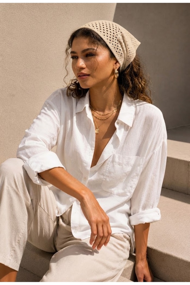 Women's Mesh Knitted Bandana Summer Perforated Knitwear Hair Bandana Beach Compatible (White)