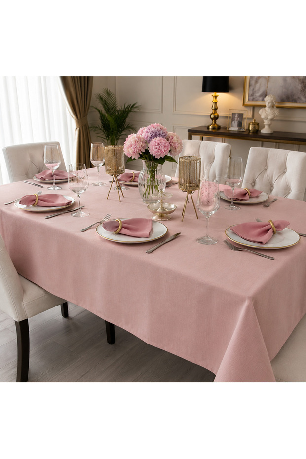Powder Color Linen Look Tablecloth | Stain Resistant | Oeko-Tex | Custom Size Production | Stylish Dining Table Cover