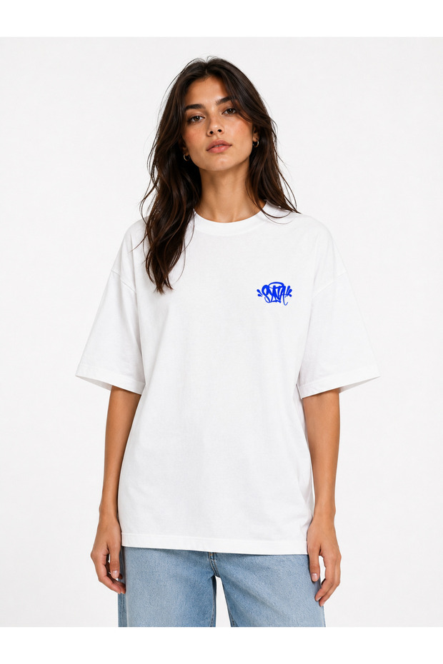 Unisex Women's Men's Synaworld Written Logo Front Printed Oversize Thick Fabric Relaxed Cut Cotton T-Shirt