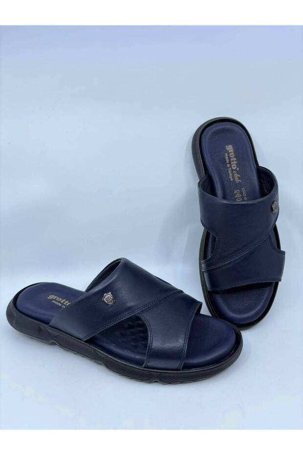 Dark Blue Buckle-Strapped Men's Genuine Leather Slippers