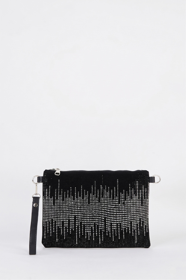 Women's Wavy Silver Stone Suede Portfolio Handbag and Clutch Bag with Ankle Strap and Chain Strap