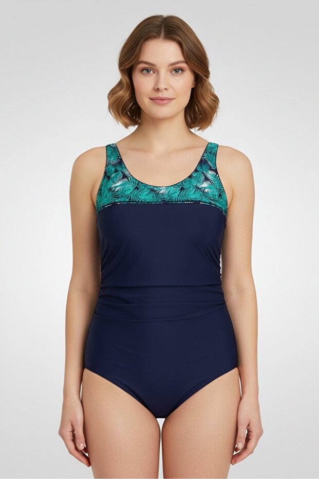 Women Plus Size Padded Floral Pattern One Piece Swimsuit, Navy