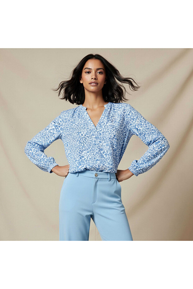 Mandarin Neck Top with Floral Print