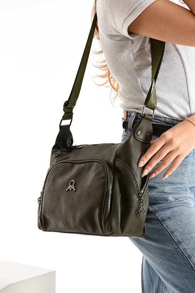 Women's Shoulder Bag Multi-Compartment Faux Leather Zippered Adjustable Strap Daily Bag 30X21 cm