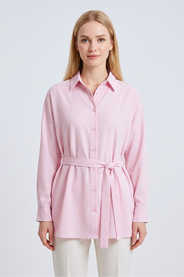 Pink Slit Detailed Belted Oversize Fit Long Shirt