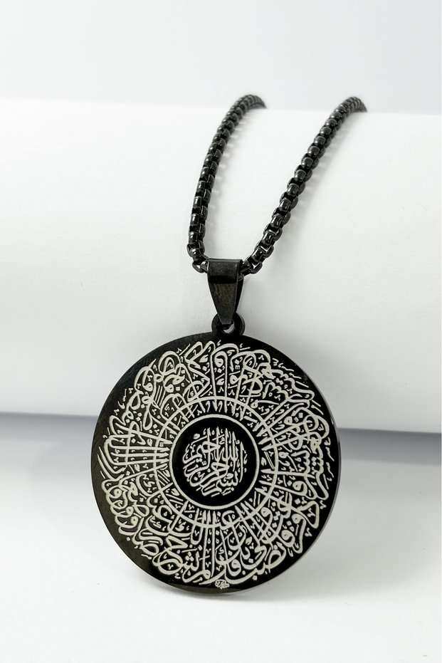 3 cm Plate Black Color Double Sided Inshirah Sura & Tasawufi Holy Written 60 cm Thick Doc Chain 316L Stainless Steel Necklace
