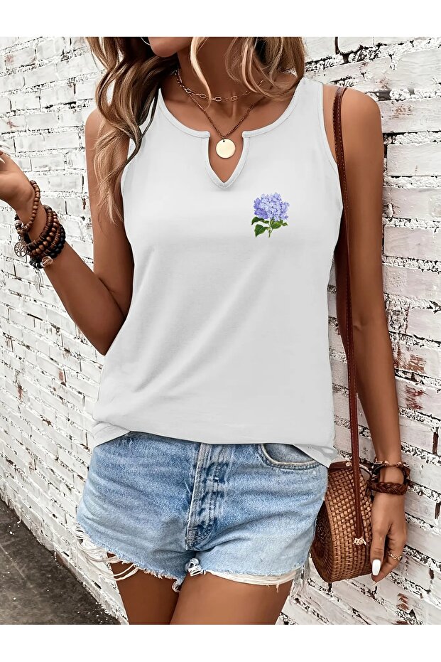 Women's Minimal Floral Printed Half V-Neck Sleeveless Regular Fit Casual T-Shirt