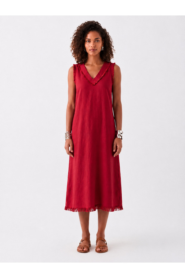 Red Pocketed V-Neck Viscose Midi Dress