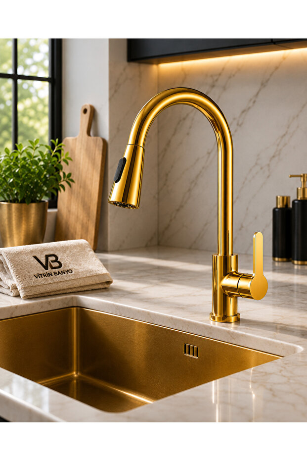 Glossy Gold Spiral Kitchen Faucet Spiral Sink Faucet Extending Kitchen Faucet with Movable Head