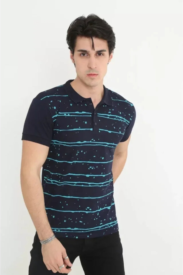 Men's Collared Slim Fit Pique Striped T-Shirt - Navy Blue