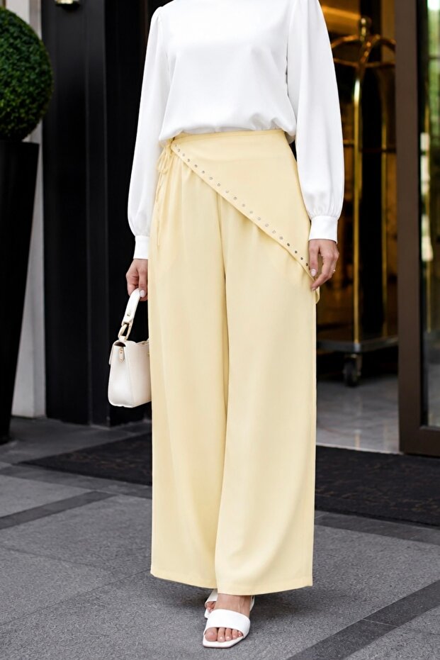 Yellow Scarf Detailed Modal Pants with Elastic Waist