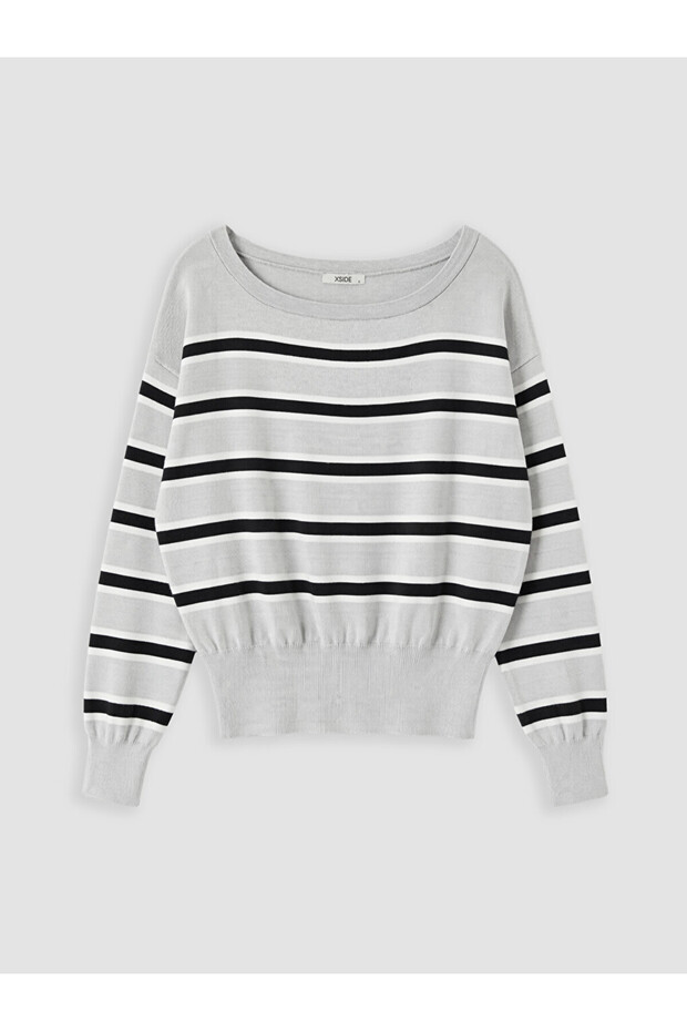 Gray Boat Neck Striped Women's Knitwear Sweater