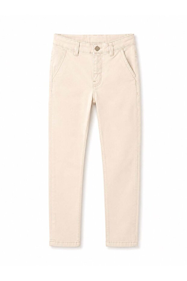 Boy's Beige Slim Fit Canvas Trousers - Adjustable Waist Cotton Chino Cream