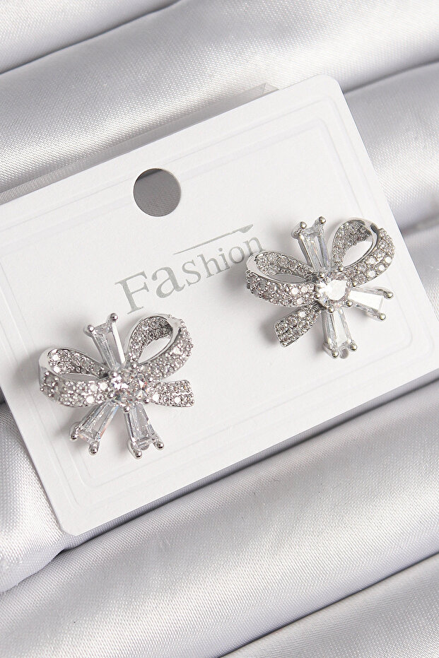 Brass Silver Color Zircon Stone Bow Model Women's Earrings