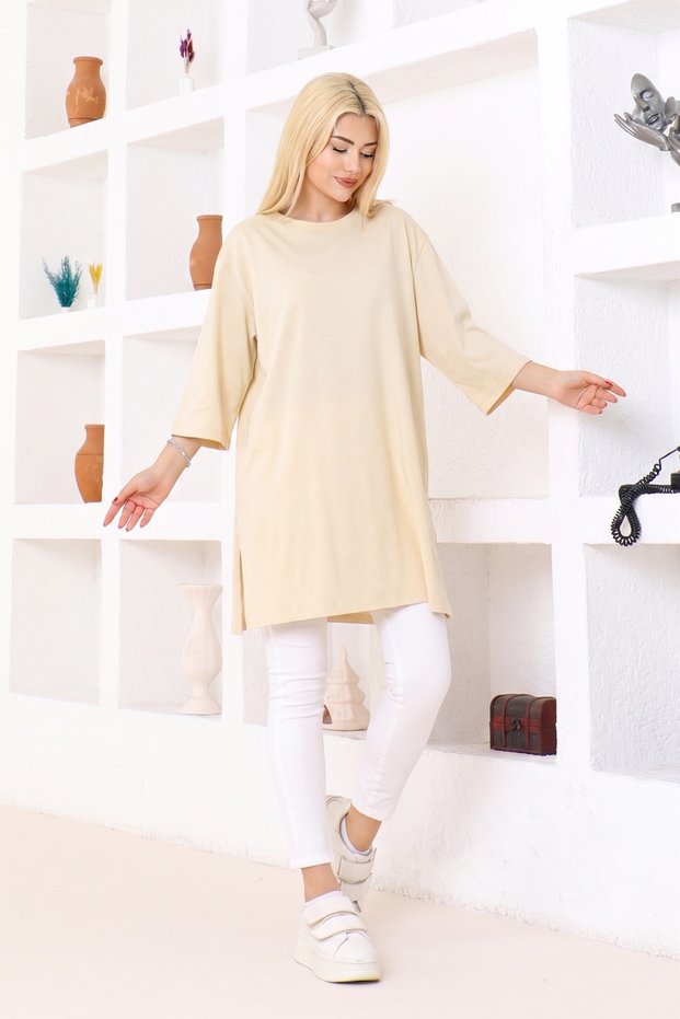 Women's Sand Beige Oversize Tunic T-Shirt – Half Sleeves, Round Neck, Relaxed Fit