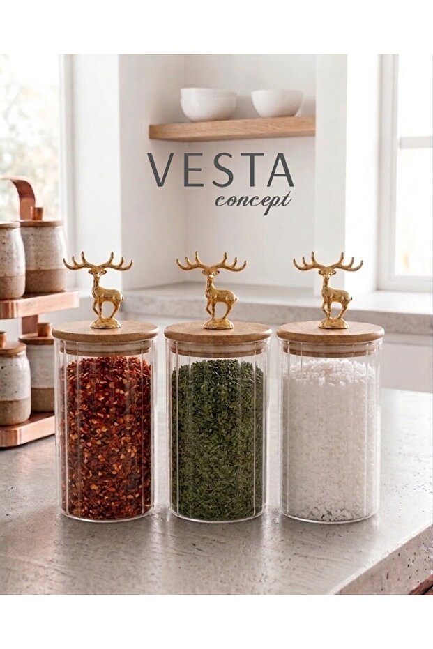 Bamboo Leak-Proof Glass Spice Jar with Deer Lid, 3-Piece Storage Set - 1000 Cc