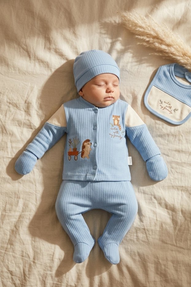 Squirrel Embroidered Soft Blue 5-Piece Baby Boy Hospital Discharge Set - Embroidery Detailed 100% Cotton Textured Eyebrow Set