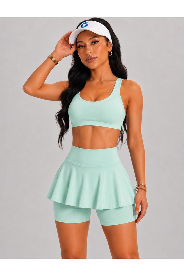 Women's High Waist Inner Leggings Mini Sport Skirt-Crop 2 Piece Set