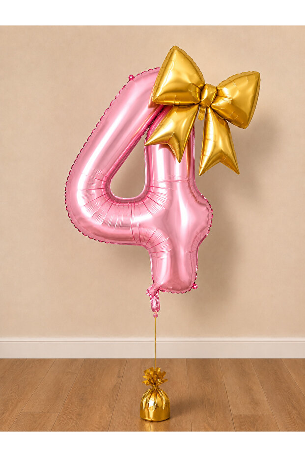 -4- Age Pink Number Gold Bow Foil Balloon Set